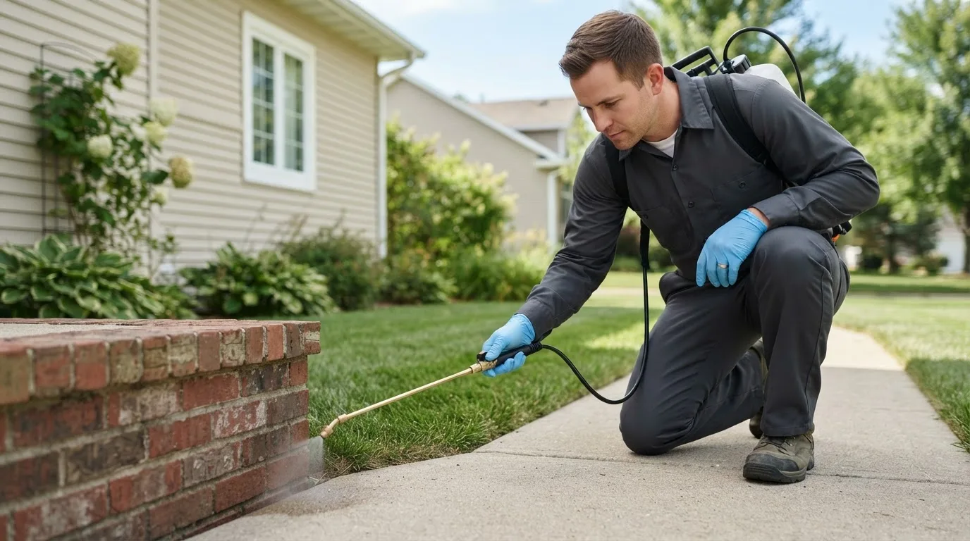 Pest control technician treating a home near Wanatah, IN
